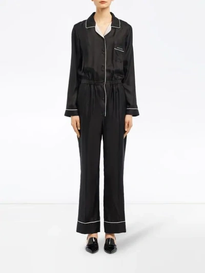 Shop Prada Silk Logo Jumpsuit In F0yl5 Black/opaline/white