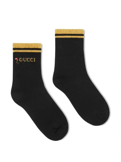 GUCCI GUCCI花卉刺绣针织袜 - 黑色