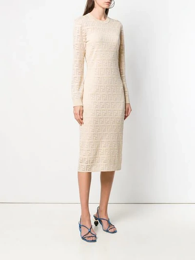 Shop Fendi Ff Motif Knitted Dress In Neutrals