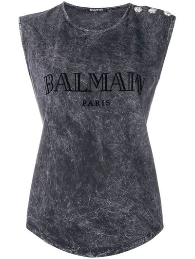 Shop Balmain Logo Print Tank Top In Grey