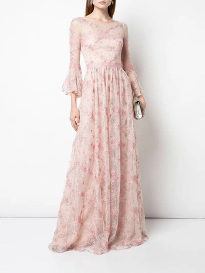Shop Marchesa Notte Floral Embroidered Long Dress In Pink