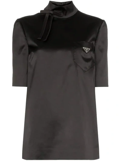 Shop Prada High-neck Satin Logo Top In Black