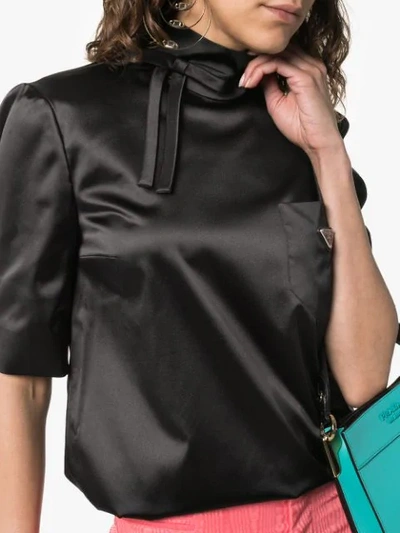 Shop Prada High-neck Satin Logo Top In Black