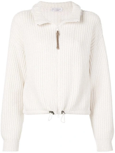 Shop Brunello Cucinelli Knitted Zip Fleece In White