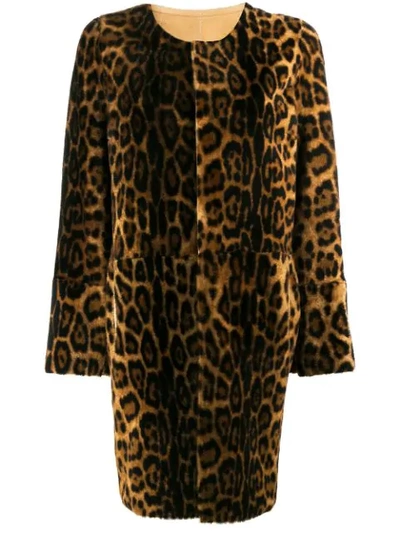 Shop Yves Salomon Leopard Print Shearling Coat In Brown