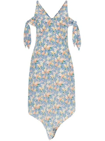 Shop Delada Floral Print Cold-shoulder Silk Midi Dress In Blue