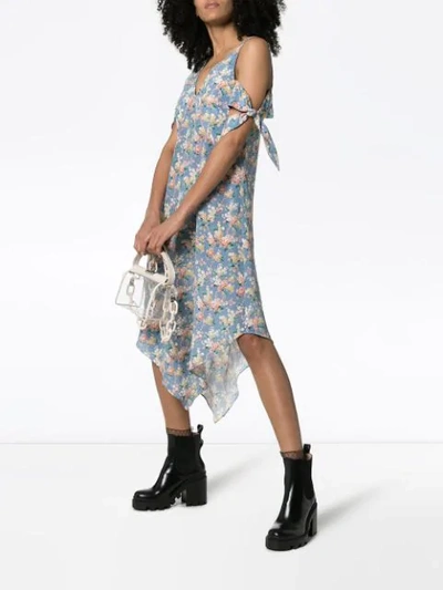 Delada Floral Print Cold-shoulder Silk Midi Dress In Blue