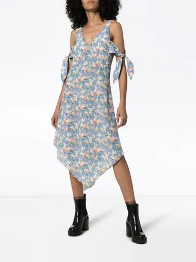 Shop Delada Floral Print Cold-shoulder Silk Midi Dress In Blue