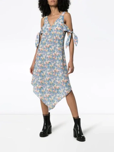 Delada Floral Print Cold-shoulder Silk Midi Dress In Blue