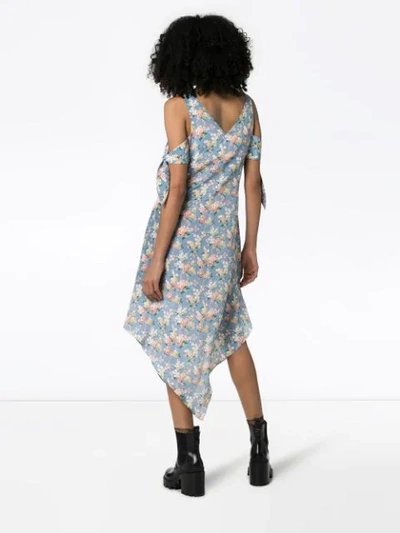 Delada Floral Print Cold-shoulder Silk Midi Dress In Blue