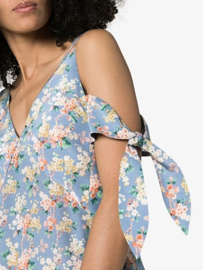 Delada Floral Print Cold-shoulder Silk Midi Dress In Blue