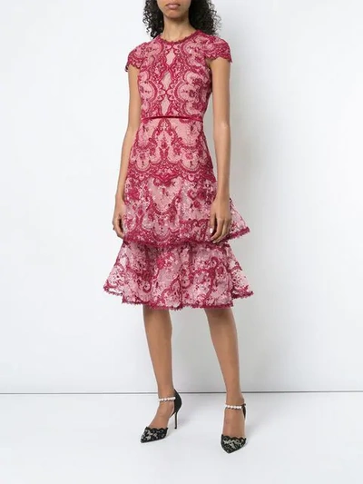 Shop Marchesa Notte Embroidered Lace Midi Dress In Pink