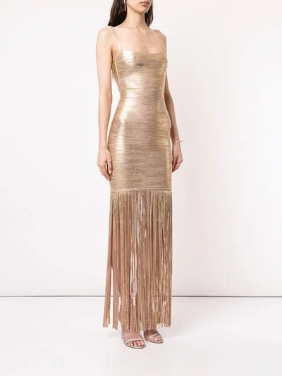 Shop Herve Leger Fringed Shimmer Dress In Gold