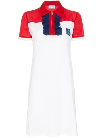 Shop Prada Ruffle Front Polo Zip Cotton-silk Blend Dress In White