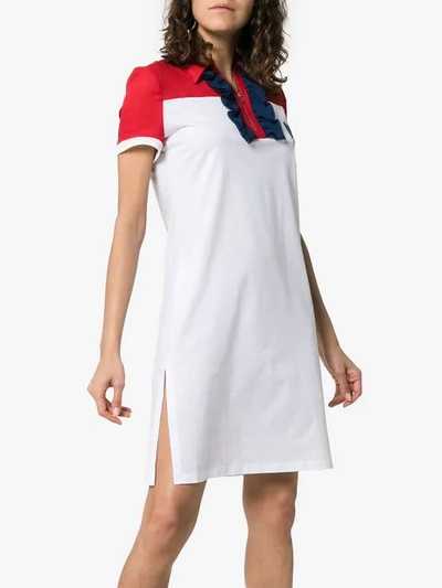 Shop Prada Ruffle Front Polo Zip Cotton-silk Blend Dress In White