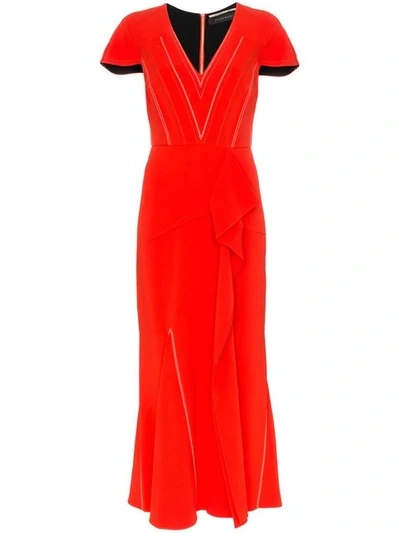 Shop Roland Mouret Bates Stretch V-neck Ruffle Detail Dress In Red