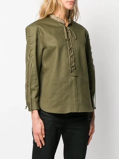 Shop Saint Laurent Embroidered Lace-up Shirt In Green