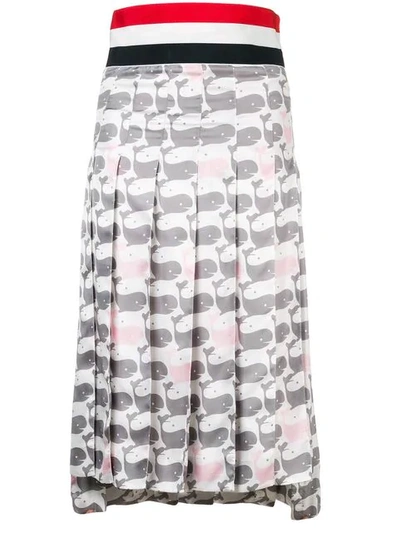 Shop Thom Browne Rwb-stripe Whale-print Skirt In Grey