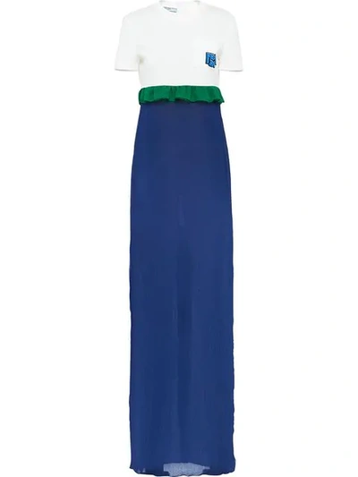 Shop Prada Long Ruffle-trim Dress In Blue ,white