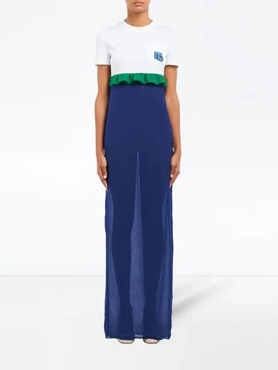 Shop Prada Long Ruffle-trim Dress In Blue ,white