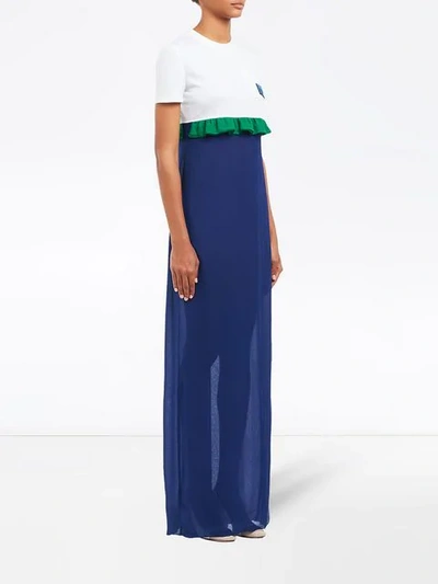 Shop Prada Long Ruffle-trim Dress In Blue ,white