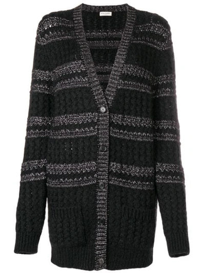 Shop Saint Laurent Cable Knit Striped Cardigan In Black