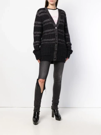 Shop Saint Laurent Cable Knit Striped Cardigan In Black