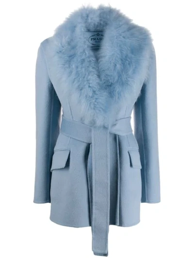 Shop Prada Goat Fur Collar Jacket In Blue