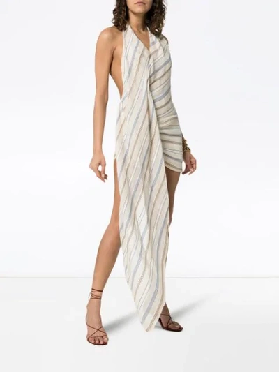 Shop Jacquemus Halterneck Drape Detail Cotton-linen Blend Mini Dress In Neutrals
