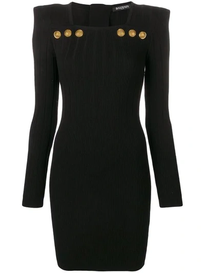 Shop Balmain Fitted Knit Mini Dress In Black