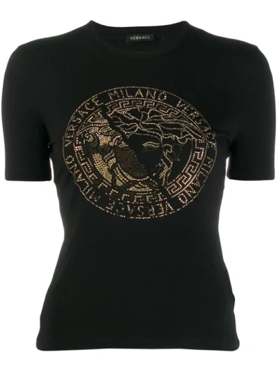 VERSACE RHINESTONE MEDUSA LOGO T-SHIRT - 黑色