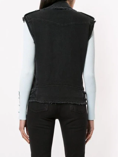 Shop Balmain Frayed Denim Biker Gilet In Grey