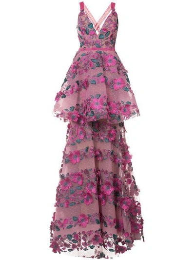 Shop Marchesa Notte Floral-embroidered Tiered Lace Gown In Pink
