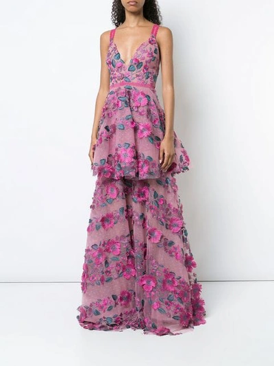 Shop Marchesa Notte Floral-embroidered Tiered Lace Gown In Pink