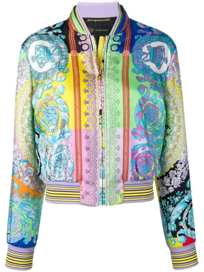 Shop Versace Baroque Print Bomber Jacket In Blue