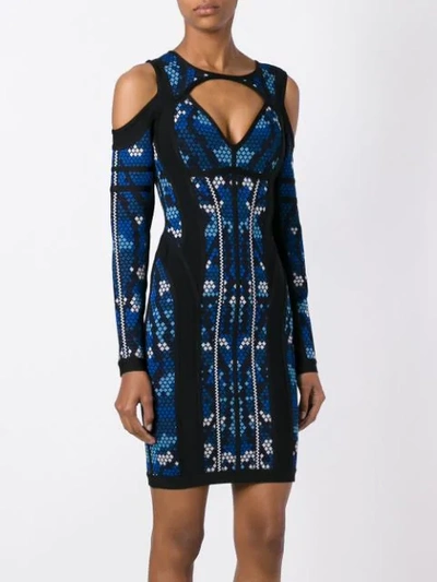 Shop Herve Leger 'pixel' Print Cut-off Dress In Blue