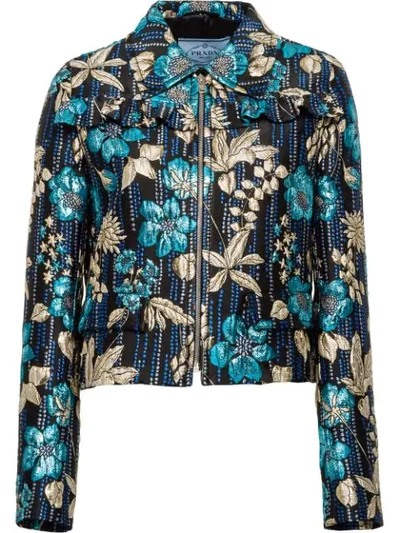 Shop Prada Floral Cloqué Jacket In Blue