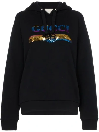 Shop Gucci Sequin Logo Hoodie In Black