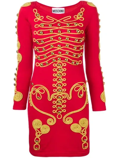 Shop Moschino Military Style Embroidered Dress In Red