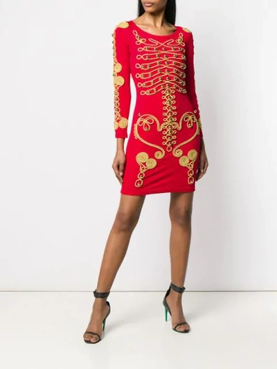 Shop Moschino Military Style Embroidered Dress In Red