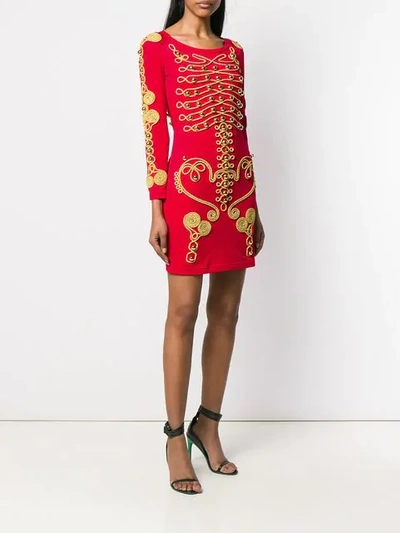 Shop Moschino Military Style Embroidered Dress In Red