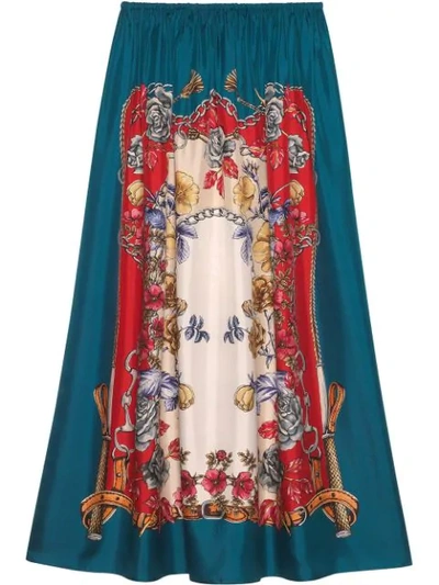 Shop Gucci Silk Skirt With Boudoir Print In Blue