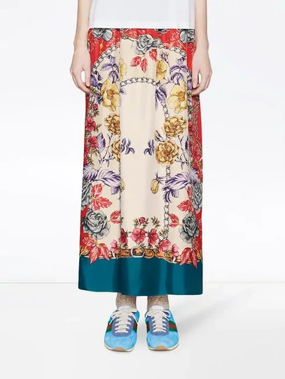 Shop Gucci Silk Skirt With Boudoir Print In Blue