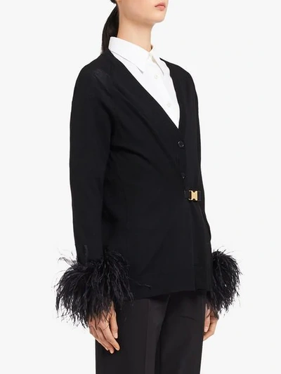 Shop Prada Feather Trimmed Cardigan In Black