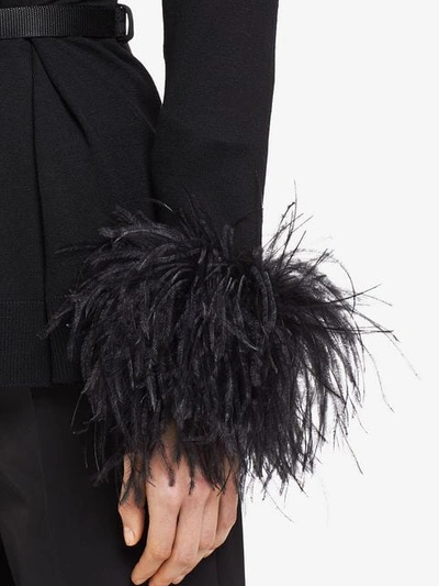 Shop Prada Feather Trimmed Cardigan In Black