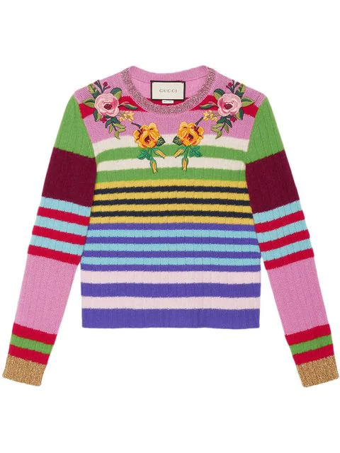 striped wool intarsia sweater with appliqués