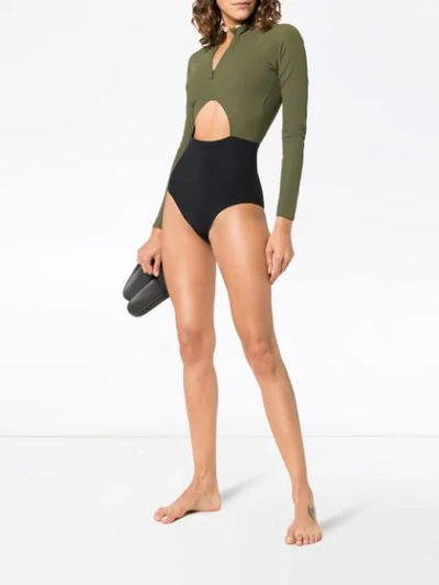 Shop Flagpole Kelly High-neck Zip Front Long-sleeved Swimsuit In Olive  Black