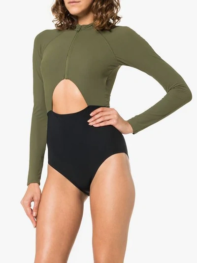 Shop Flagpole Kelly High-neck Zip Front Long-sleeved Swimsuit In Olive  Black