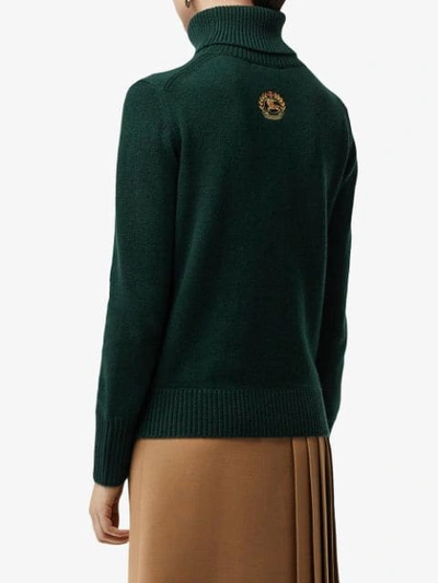 Shop Burberry Embroidered Crest Cashmere Roll In Green