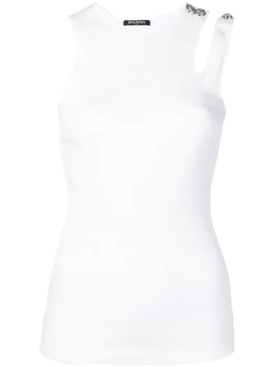 Shop Balmain Sleeveless Ribbed Top In White